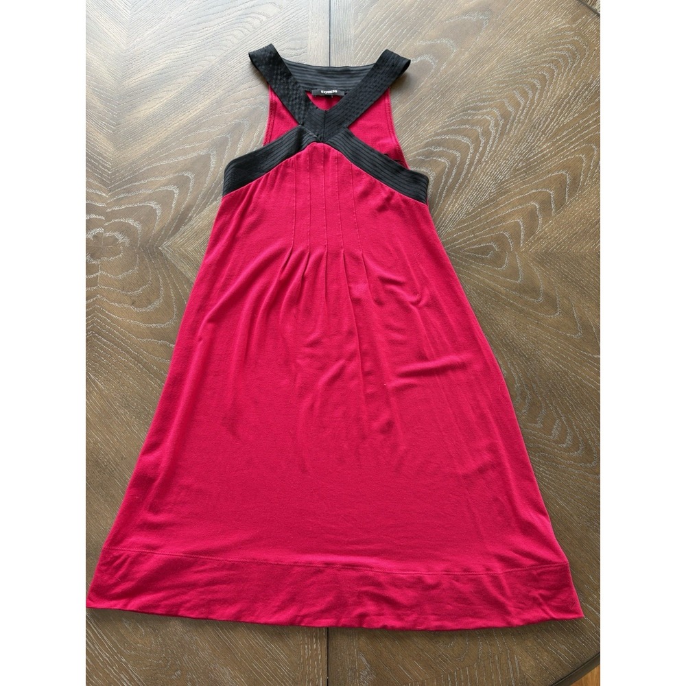 Express Womens XXS Red Black Criss Cross Halter Pleated Empire Mini Dress